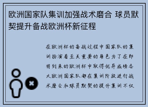 欧洲国家队集训加强战术磨合 球员默契提升备战欧洲杯新征程