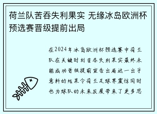 荷兰队苦吞失利果实 无缘冰岛欧洲杯预选赛晋级提前出局